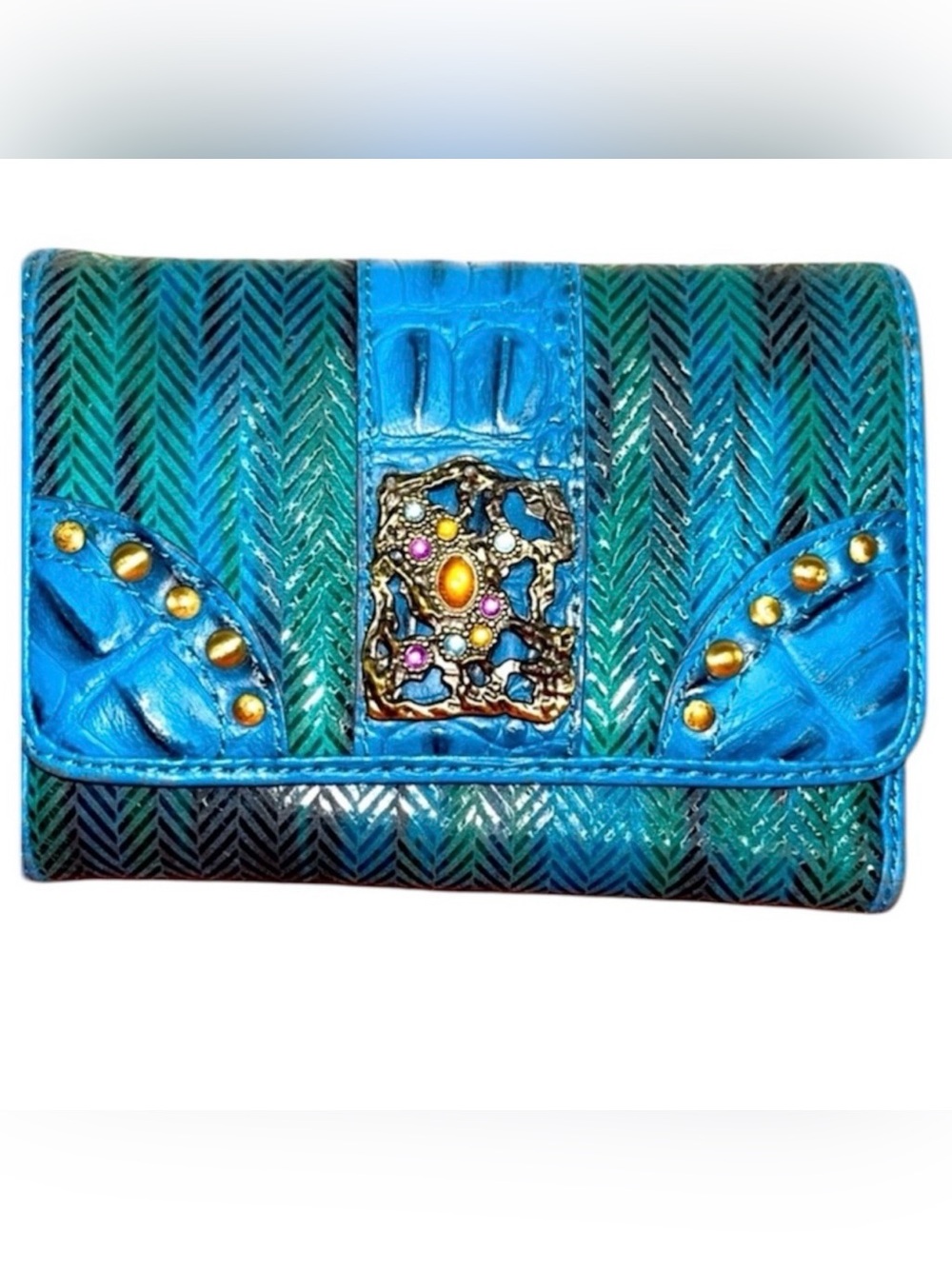 Sharif Teal and Turquoise Embossed Wallet with Decorative Hardware